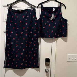 GAP Navy Crop Tank and Midi Skirt with Red Cherry Print
